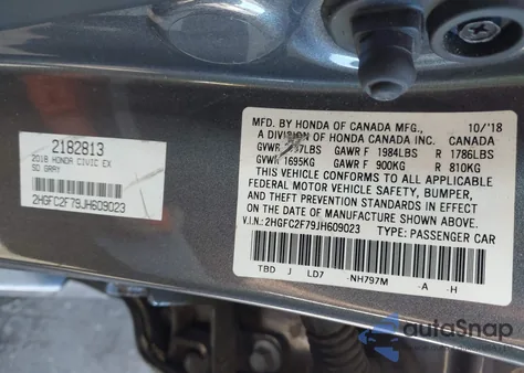 2018 Honda Civic Ex z USA, uszkodzony, nr VIN 2HGFC2F79JH609023